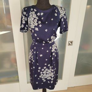 VALENTINO--Silk Blue Flower Tie Neck  Dress with Pockets